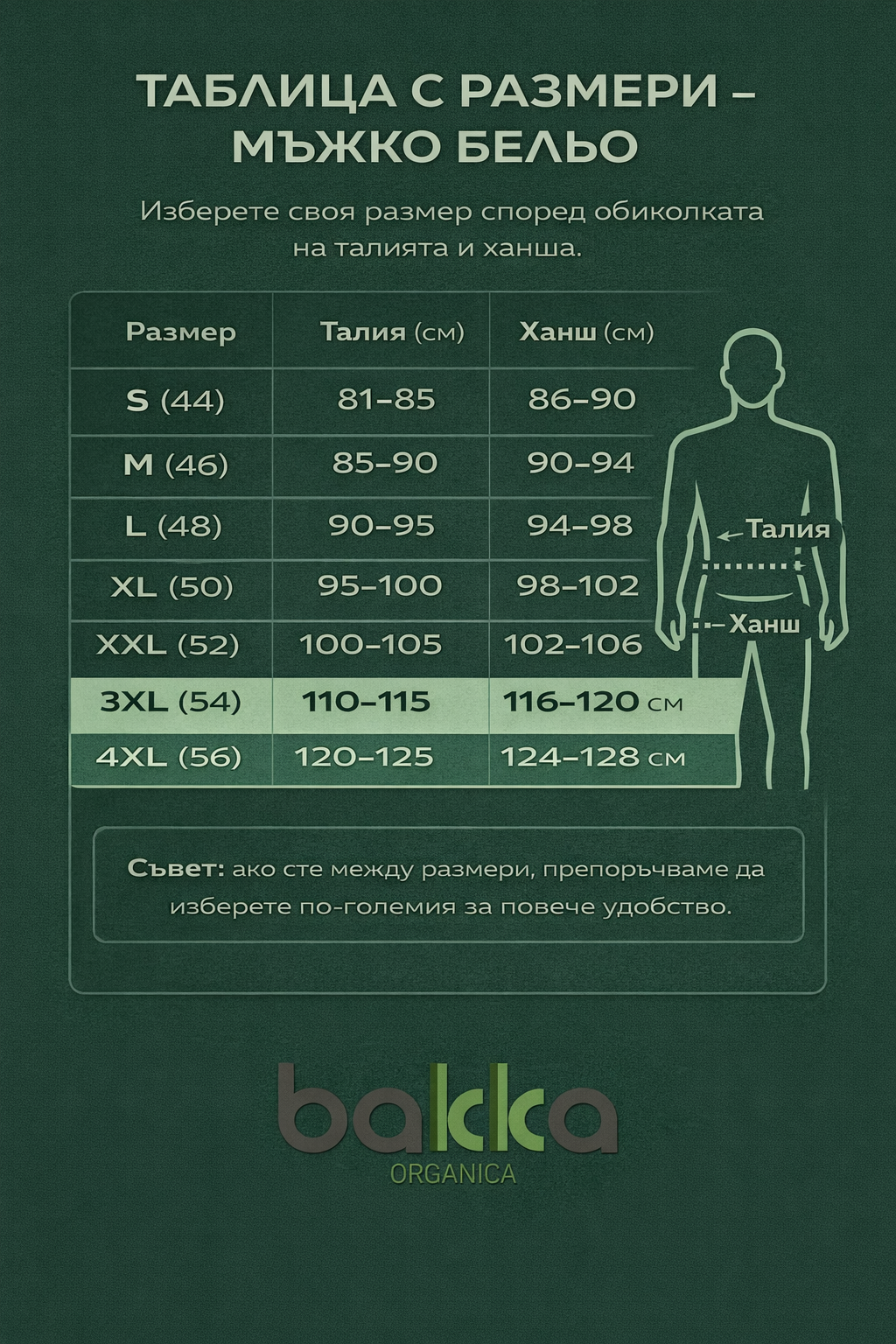 majka rastova tablica belio size chart male